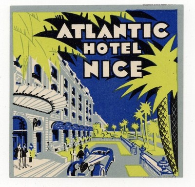 Atlantic Hotel ~NICE FRANCE~ Spectacular ART DECO Luggage Label, circa 1935