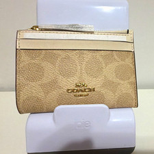 Coach Beige Leather Zip ID/Document Holder Card Case w/ Clear ID Window