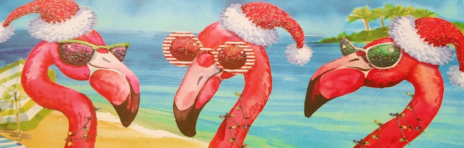 "Flamingo-Rolling", (3) Leanin Tree Christmas, New Yr Cards, New & (3) Envelopes