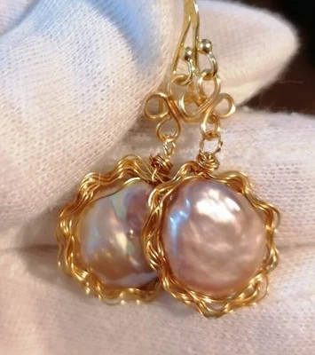 24 ct gold 925 Sterling silver Cultured Freshwater Coin Pearl earrings 596 - Image 1 of 4