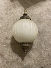 Vintage MCM Large Ribbed Glass & Brass Swag Lamp