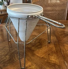 Vintage Aluminum Food Mill Cone Sieve Colander Strainer  & Stand