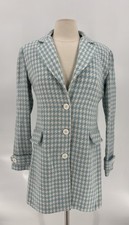 Zinc Longline Blazer Womens Large Blue White Houndstooth Knit Single Breasted