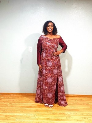 Royal Burgundy African Print Off-Shoulder Maxi Dress | Elegant Evening Gown for