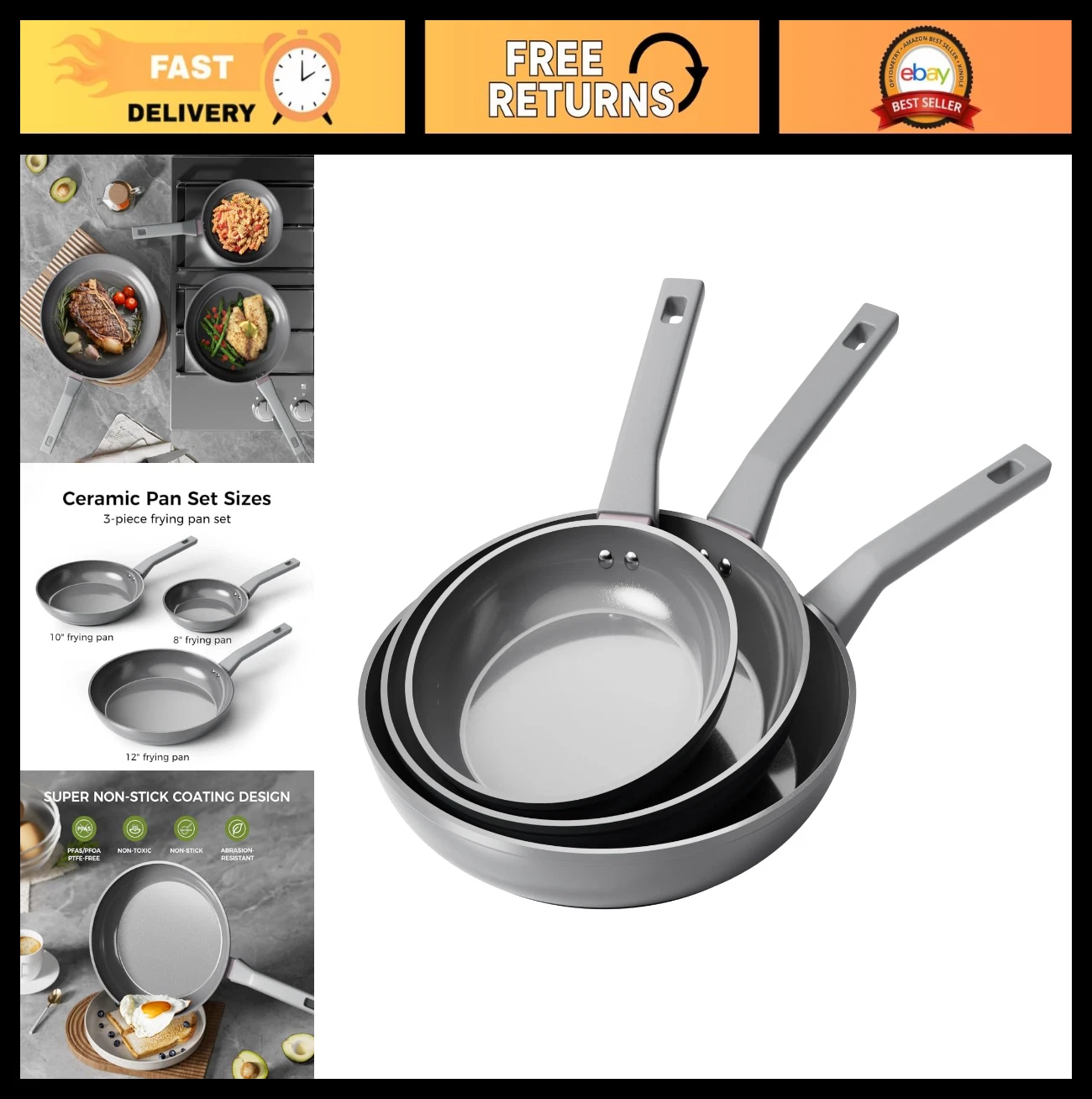Nonstick Ceramic Frying Pan Set - 8", 10", 12" Skillets, PFAS Free, Oven Safe, S