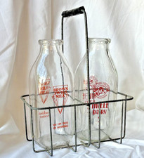 Pair of Vtg. 1 Qt. Glass Milk Bottles w/Carrier 3212