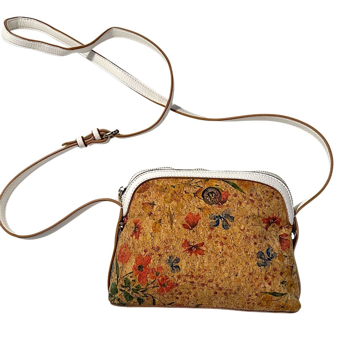 Anne Klein Floral Cork Crossbody Bag White Leather Camera Dome Purse Gold Lion