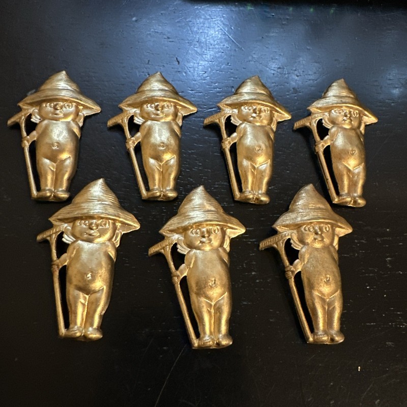 Lot Of 7 Vintage Brass Stamped Findings Kewpie Doll Farmers