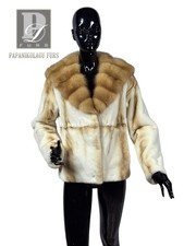 Giacca corta vera pelliccia visone tosato bianco oro con cappuccio zibellino