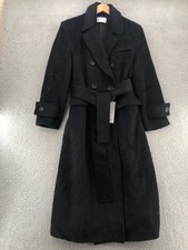 Jane & Tash Coat Women L Black Fuzzy Straight Alpaca Wool Trench Double Breasted
