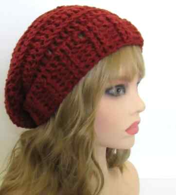 SLOUCHY BEANIE HAT RIBBED RUST TEXTURED EDGE ACRYLIC HANDMADE CROCHET