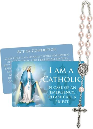 Pink Catholic Our Lady of Grace Auto Rosary and Id Card Car Accessory Gift Set - Picture 1 of 6