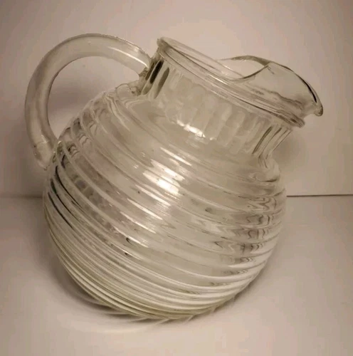 Vintage Anchor Hocking Manhattan Clear Glass Ribbed Tilted Ball Juice Pitcher