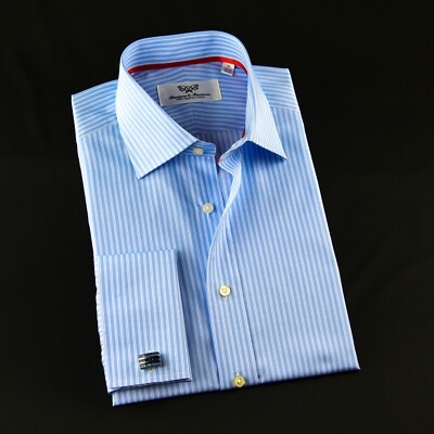 New Blue Striped Mens Business Dress Shirt Formal Luxury With Red Silk Trim Best | eBay New Blue Striped Mens Business Dress Shirt Formal Luxury With Red Silk Trim Best | eBay