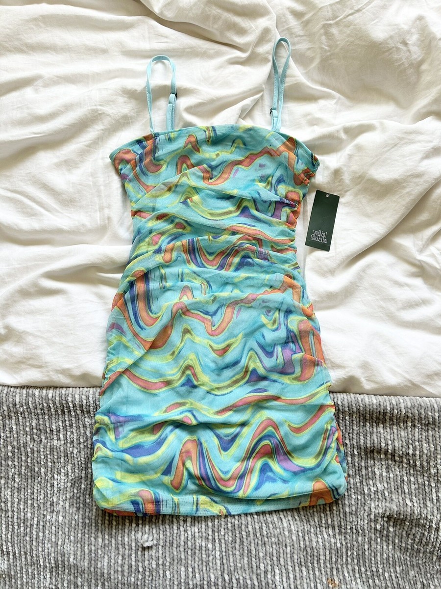wild fable mesh dress Wild Fable Mesh Midi Dress Ruched Wave Print Square Neck NWT Size XS