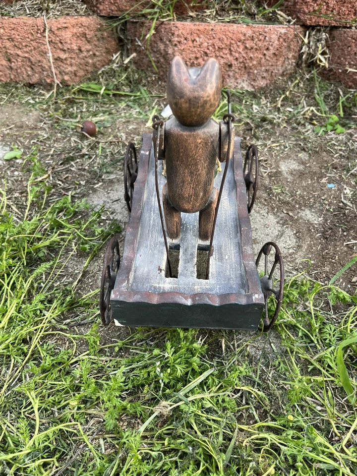 VINTAGE BEAR DRUMMING PULL TOY WOOD & METAL WAGON Foto 4 de 4