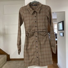ZARA Tan Brown Mini Dress XS Buttons Up Shirtdress Long Sleeve Fitted Bodycon