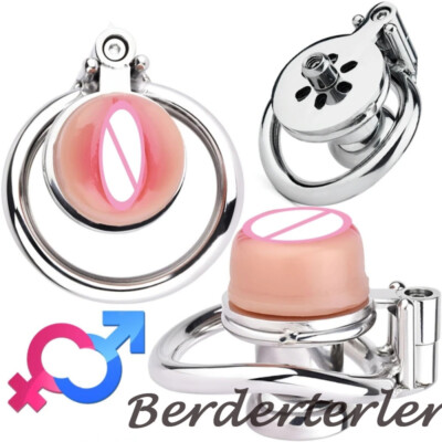 New Sissy Flat Male Chastity Cage with Realistic Pussy Head Combination Device