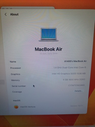 OS Ventura Apple MacBook Air A1466 13" 2014 Core i5-4260U 4GB RAM 128GB SSD - Picture 5 of 16
