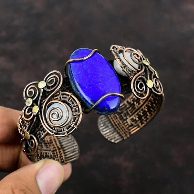 Natural Lapis Lazuli Rainbow Moonstone Wife Wire Wrapped New Cuff Jewelry Copper - Image 1 of 4