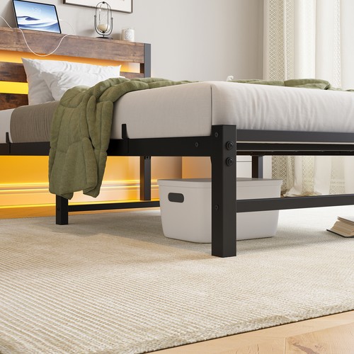 Metal Twin Size Bed Frame with LED/Headboard /USB Charging Station Slatted Brown - Picture 11 of 14