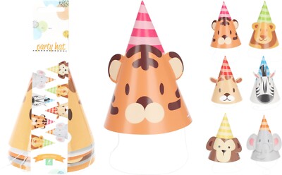 Jungle Animal Print Paper Party Hats For Kids - Pack Of 8, Fun Birthday Party Supplies