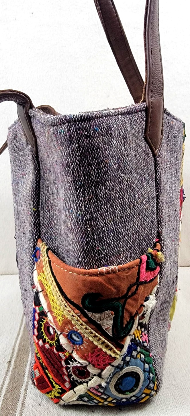 Large Boho Multicolor Patchwork Fabric & Leather … - image 4