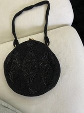 Vintage 60s Richere Bag Black Hand Made Beaded Small Round Evening Purse/Japan