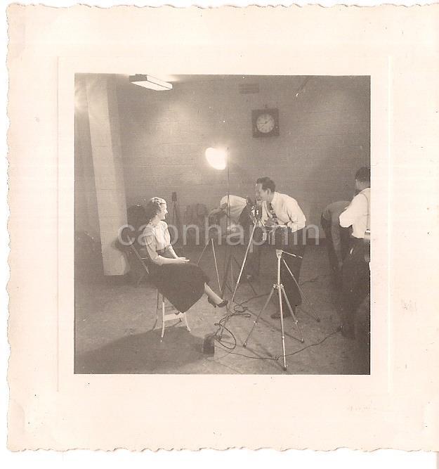 Men Setting Up Lighting Tripod Camera Photography Studio Woman Vtg 1940s Photo