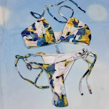 Women's 2 Piece Bathing Suit Ribbed Tie Side Halter Bikini Swimsuit Size S