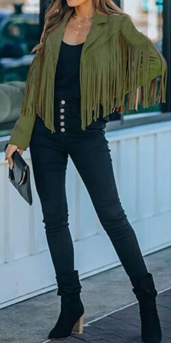 Women's Chic Cropped Tassel Fringe Faux Suede Moto Jacket - Chartou Army Green - Picture 7 of 11