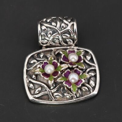 Sterling Silver Ornate Pearl & Enamel Flower Floral Vine Leaves Pendant 10 Grams