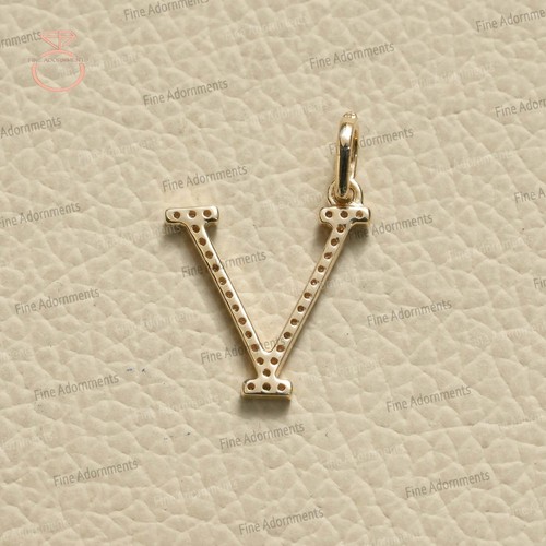 Solid 14k Yellow Gold V Initial Pendant Handmade Pave Diamond V Letter Jewelry - Picture 5 of 6