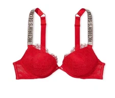 Victoria's Secret Bombshell Shine Strap Push-up Bra Lipstick Red Lace NWT