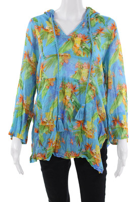 Roller Rabbit, Women Tunic Hoodie Blue Floral 100% Cotton V-Neck Size M
