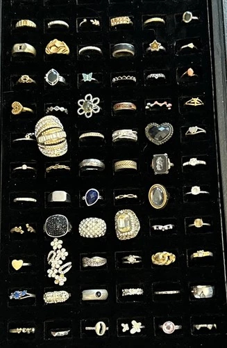 Vintage Lot Of 66 Costume Jewelry Ring Lot Gold Silver Tone Rhinestone Mix Lot A