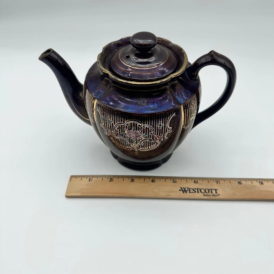 Tetera Lustreware marrón con diseño floral pintado a mano elevado vintage Foto 3 de 4