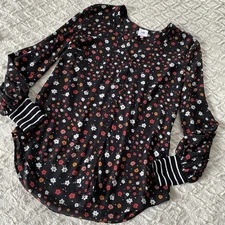Cabi Cheerful Blouse Black Floral Top Striped Knit Cuffs Size Small Business