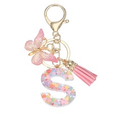 Alphabet Initial Letter Keychain Cute Charm with Tassel Butterfly Letter S Pink