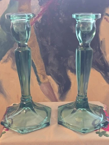 vintage 2 Fenton glass candlesticks in a sea mist green color