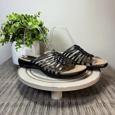 Easy Spirit Esellie Black Leather Woven Slip On Sandal 8.5 Flat Slide