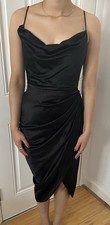 House of CB Reva Black Satin Corset Draped Asymmetric Midi Dress Size S