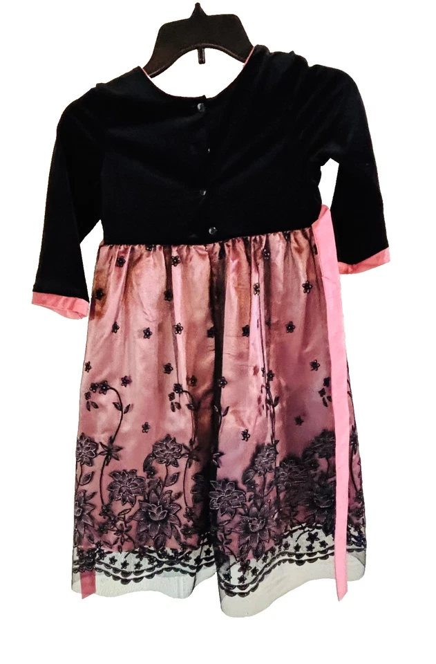 Jona Michelle 女孩 8 黑色天鹅绒粉色花卉刺绣假日派对连衣裙 — 第 3/4 张图片