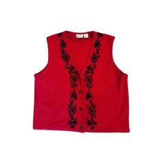 Club Classic Wool Vest Large Red Black Embroidered Button Front