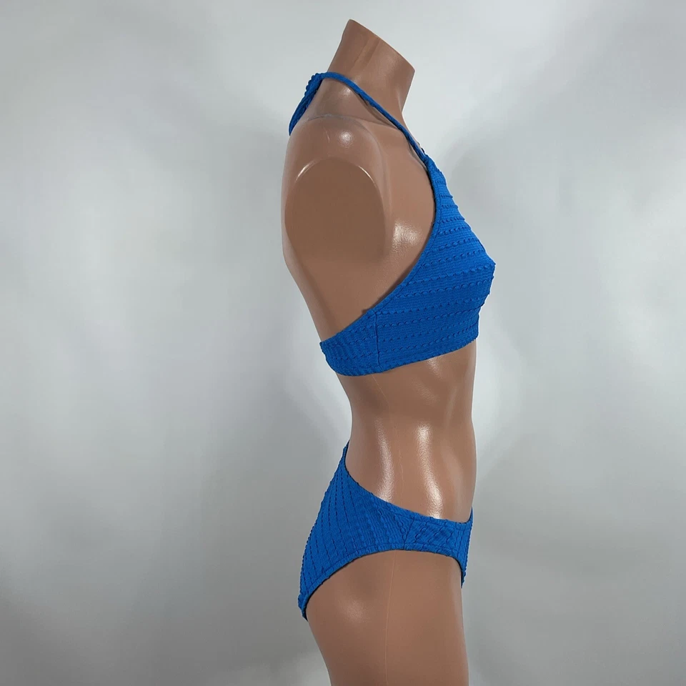 Vtg High Cut High Waist Bikini Swimsuit 90’s y2k Ribbed Crochet Blue Halter 2pc - Image 4 of 4