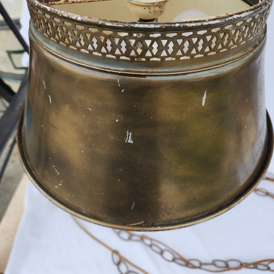 Vintage MCM Bronze Colored Metal Hanging Pendant Chain Lamp For