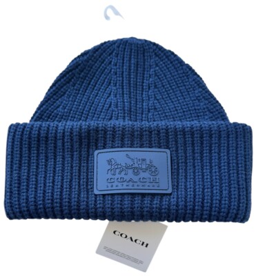 COACH Beanie Mens One Size Hat Blue Rib Knit Wool Logo Patch