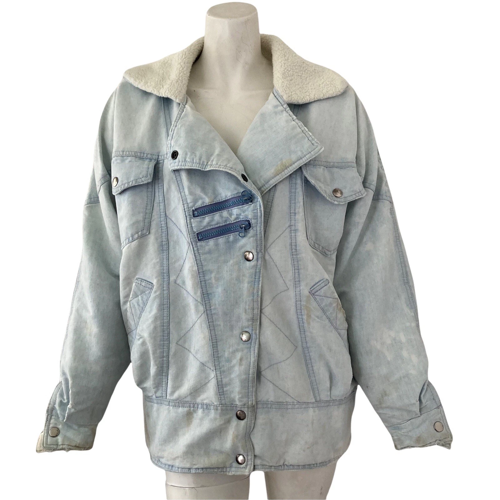 Vintage Jacket Casual Club Denim jean Light Wash Sherpa Collar Quilt Lined 80s