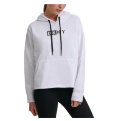 NWT DKNY Sport Logo Hooded Cotton Crop Sweatshirt White,M