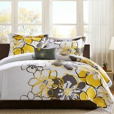 NEW  COZY SOFT MODERN CHIC YELLOW GREY ABSTRACT FLOWER GIRLS COMFORTER SET
